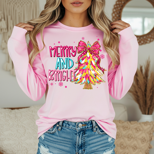 Merry and Bright Christmas Tree Graphic Tee - Women's Holiday Shirt - Festive Comfort Colors Tee