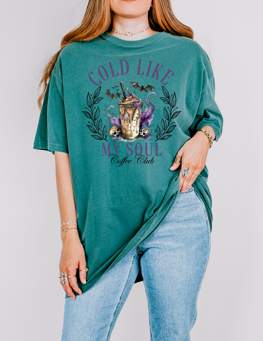 Cold Like My Soul Coffee Club T-Shirt – Spooky Iced Coffee Tee | Comfort Colors Emerald