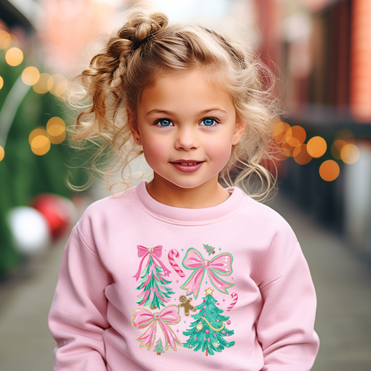 Pink Bows & Christmas Trees Toddler Sweatshirt – Festive Rabbit Skins Kids Crewneck