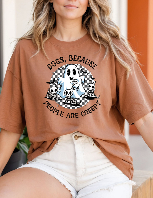“Dogs Because People Are Creepy” Halloween Graphic Tee – Ghost & Skeleton Dog Design