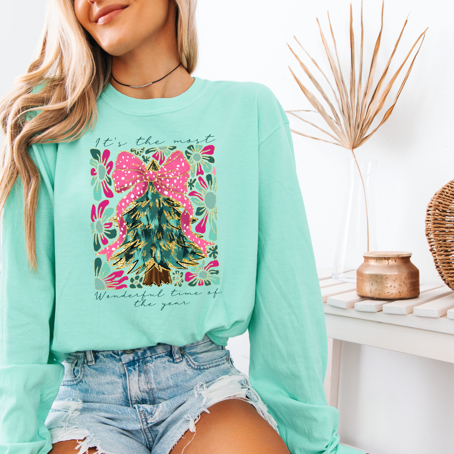 Most Wonderful Time of the Year Shirt | Comfort Colors Long Sleeve | Pink Teal Christmas Tree Tee