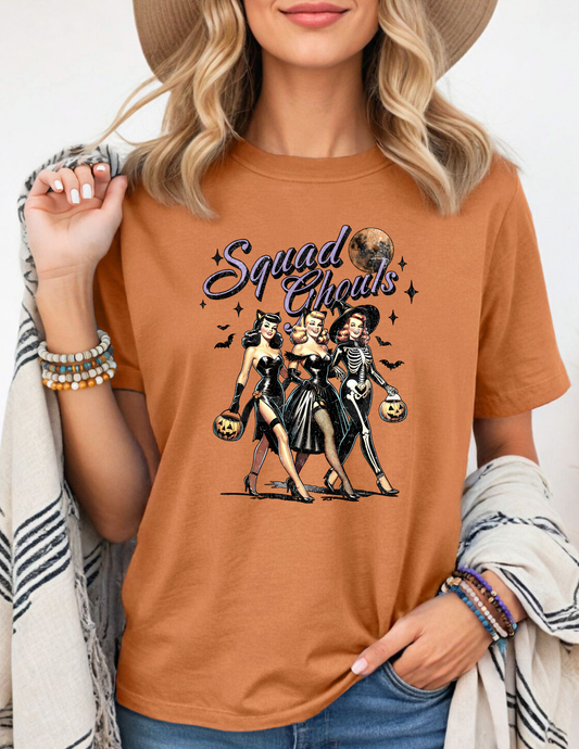 Squad Ghouls Halloween Graphic Tee – Retro Pin-Up Witch, Skeleton & Ghoul Shirt