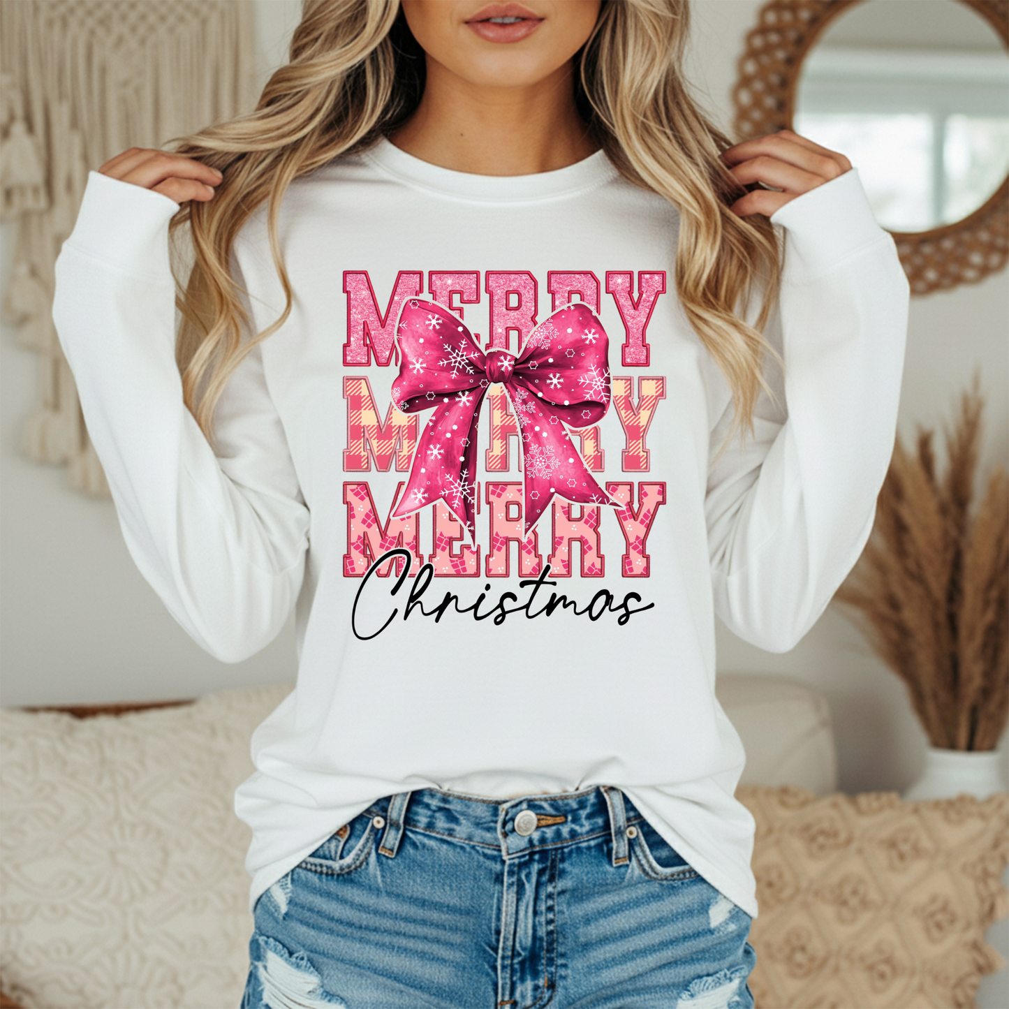 Merry Merry Merry Christmas Shirt | Comfort Colors Long Sleeve | Pink Snowflake Bow