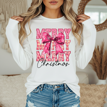 Merry Merry Merry Christmas Shirt | Comfort Colors Long Sleeve | Pink Snowflake Bow