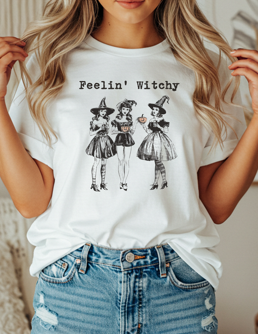 Feelin’ Witchy Halloween Graphic Tee – Vintage Witch Squad Shirt