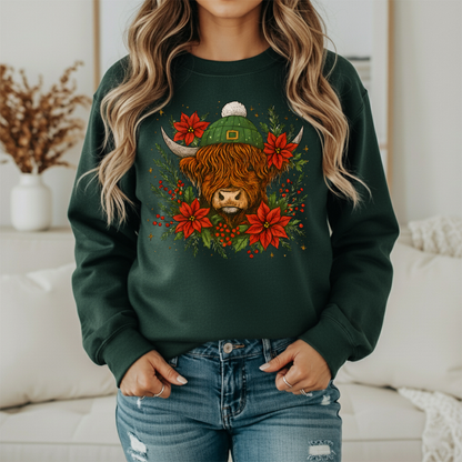 Christmas Highland Cow crewneck Sweatshirt – Festive Floral Holiday Sweatshirt