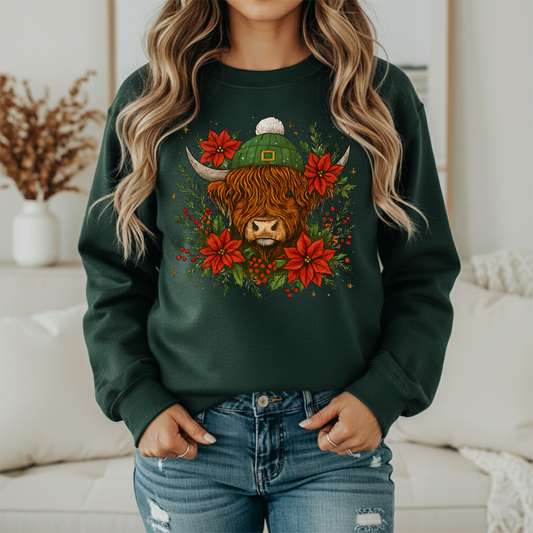 Christmas Highland Cow crewneck Sweatshirt – Festive Floral Holiday Sweatshirt