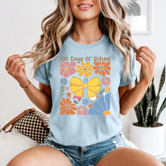 100 Days of School Teacher Tee – Retro Floral Pencil Bow Design