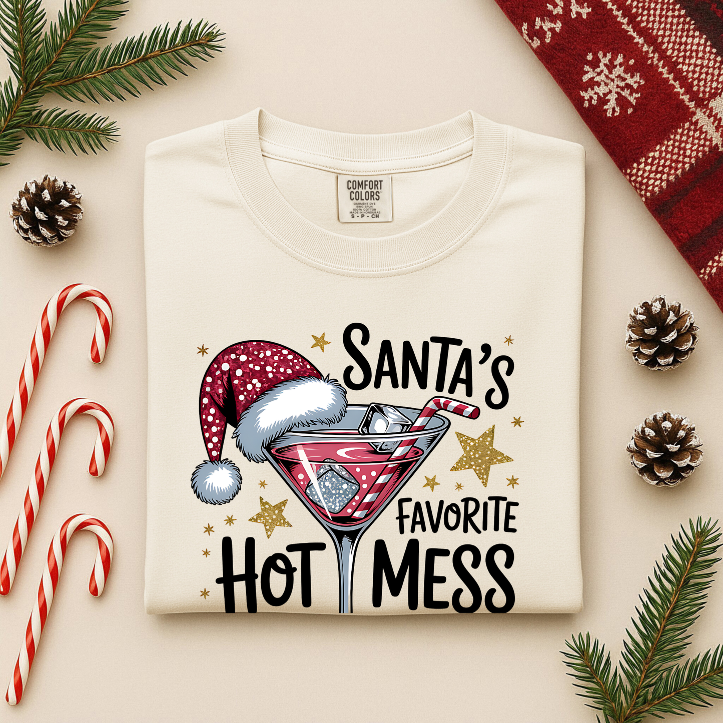 Santa's Favorite Hot Mess Long Sleeve Tee | Funny Christmas Cocktail Shirt | Comfort Colors | Women's Festive Tee