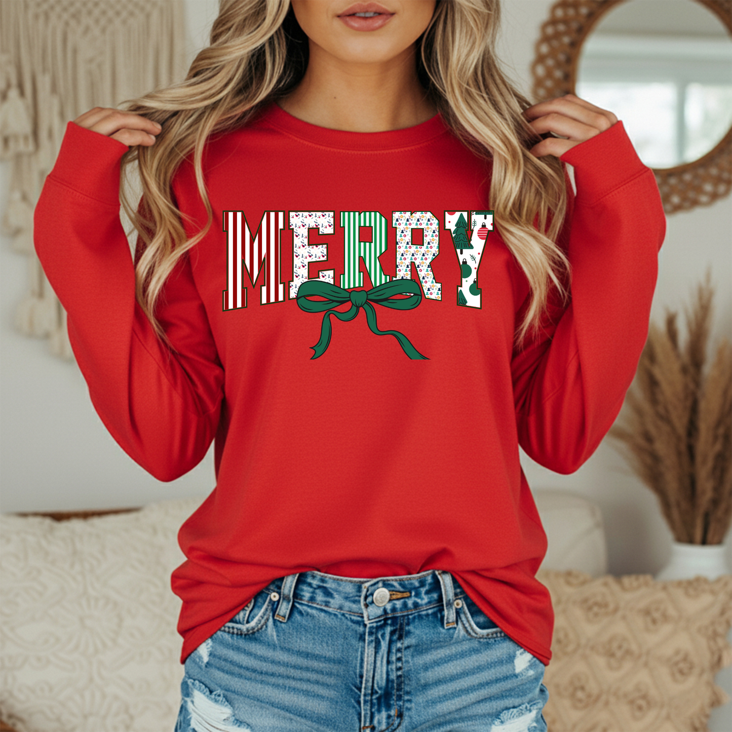 Merry Christmas Patterned Letters Long Sleeve Tee | Holiday Shirt | Comfort Colors | Women's Festive Tee