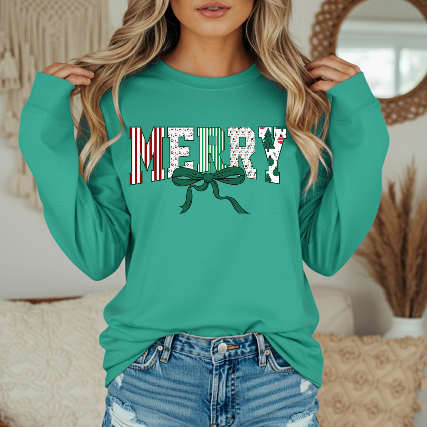 Merry Christmas Patterned Letters Long Sleeve Tee | Holiday Shirt | Comfort Colors | Women's Festive Tee