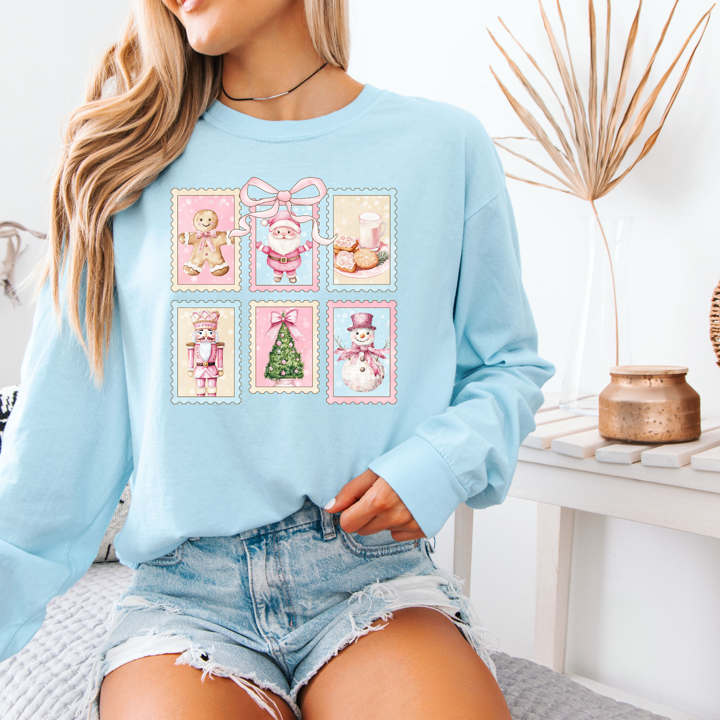 Pink Christmas Stamps Long Sleeve Tee | Watercolor Holiday Shirt | Comfort Colors | Women's Festive Christmas Tee