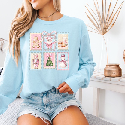 Pink Christmas Stamps Long Sleeve Tee | Watercolor Holiday Shirt | Comfort Colors | Women's Festive Christmas Tee