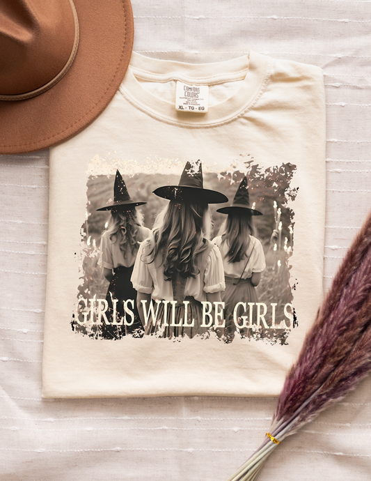 Girls Will Be Girls Halloween Graphic Tee – Witchy Retro Aesthetic Shirt