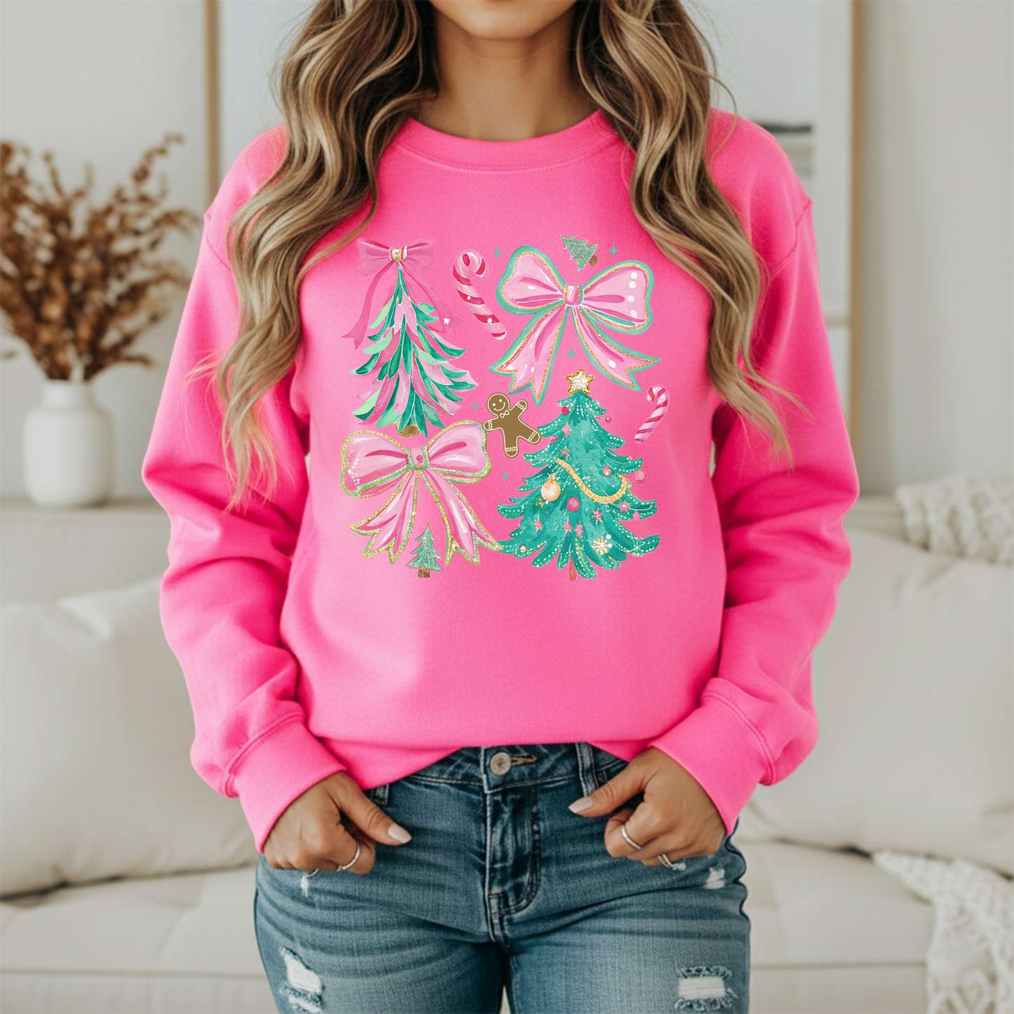 Pink Teal Christmas Bows Sweatshirt | Watercolor Holiday Crewneck | Women's Festive Christmas Sweatshirt