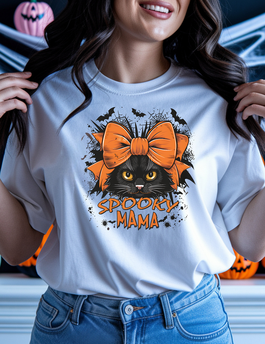 Spooky Mama Graphic Tee – Black Cat Halloween Shirt for Moms