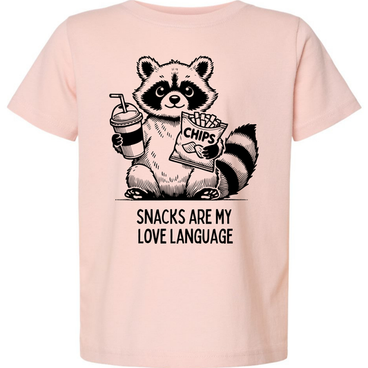 Snacks Are My Love Language Raccoon Kids Tee