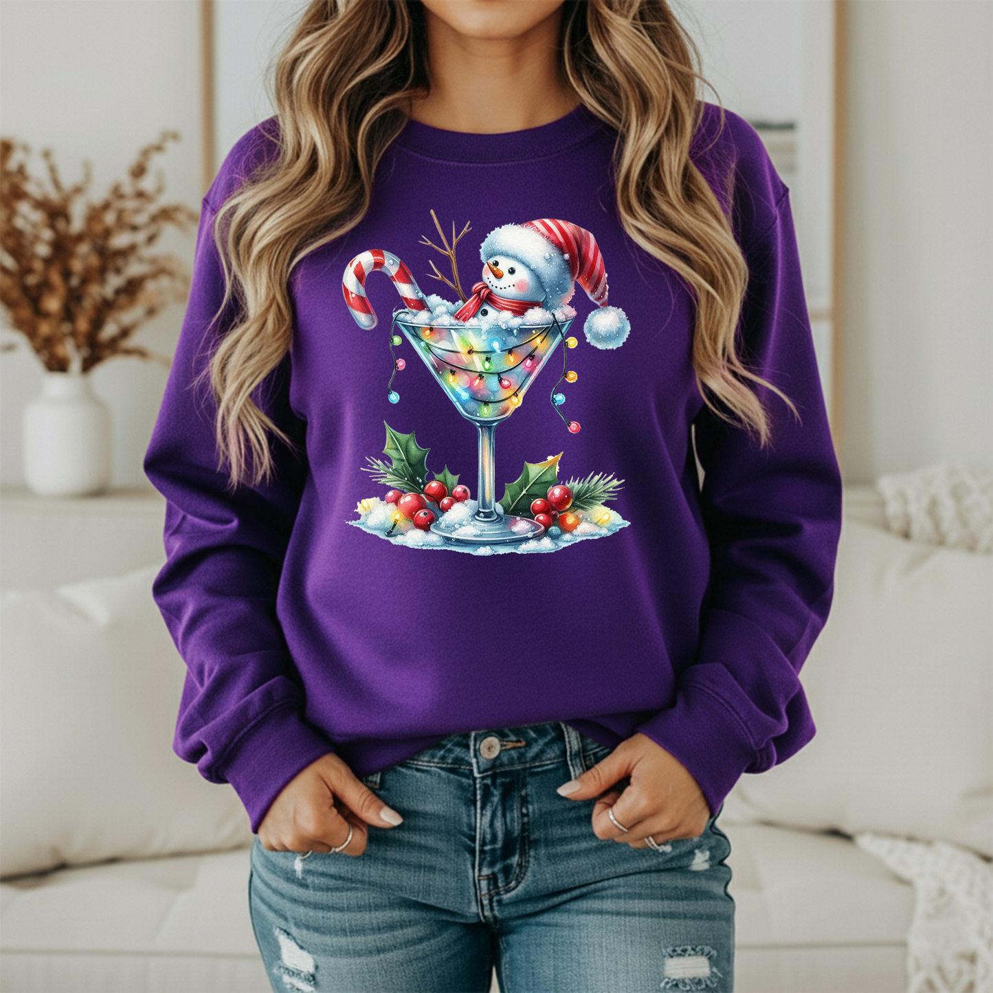 Snowman Cocktail Christmas Sweatshirt | Funny Holiday Martini Crewneck | Women's Festive Sweatshirt
