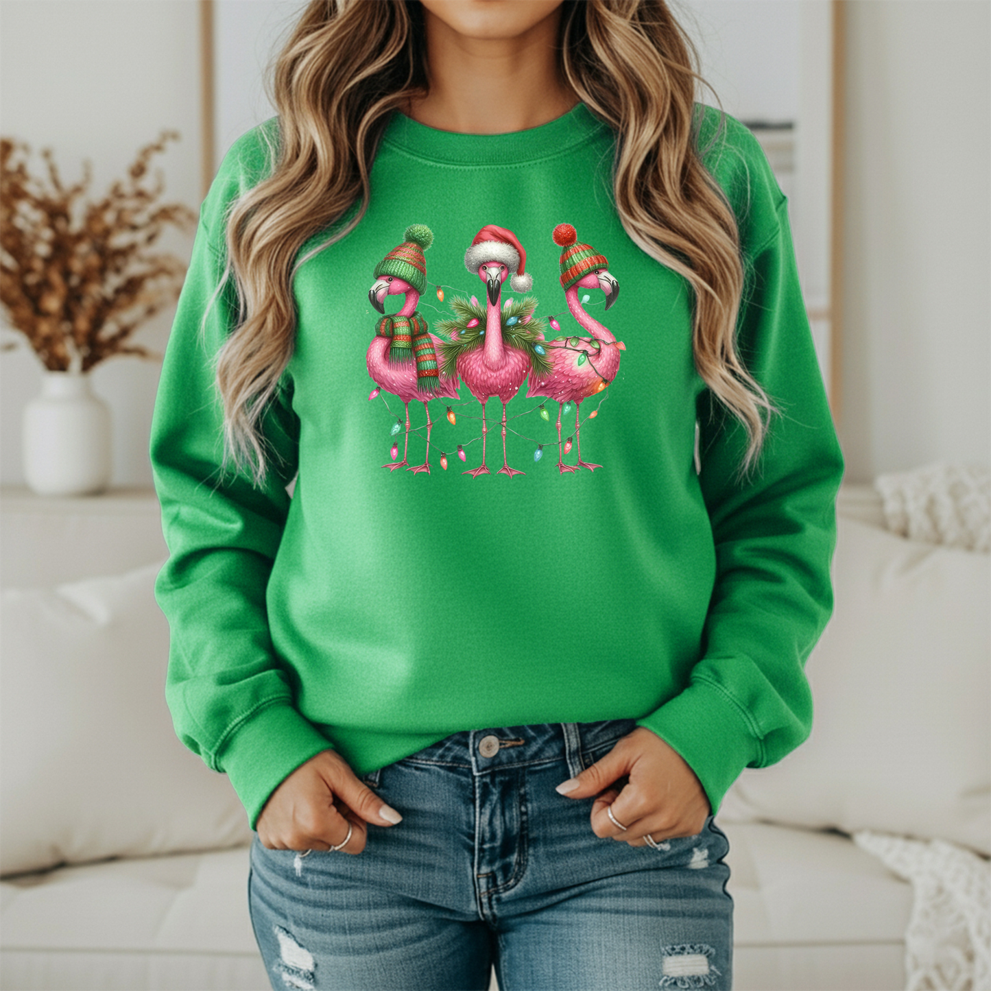 Christmas Flamingos Sweatshirt - Women's Holiday Crewneck - Festive Flamingo Gildan Sweatshirt