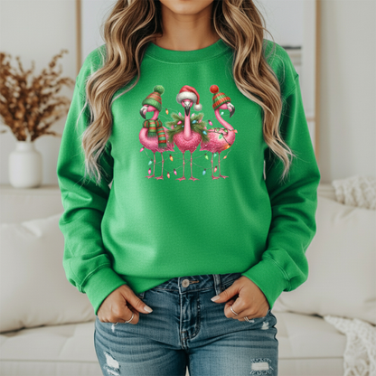 Christmas Flamingos Sweatshirt - Women's Holiday Crewneck - Festive Flamingo Gildan Sweatshirt
