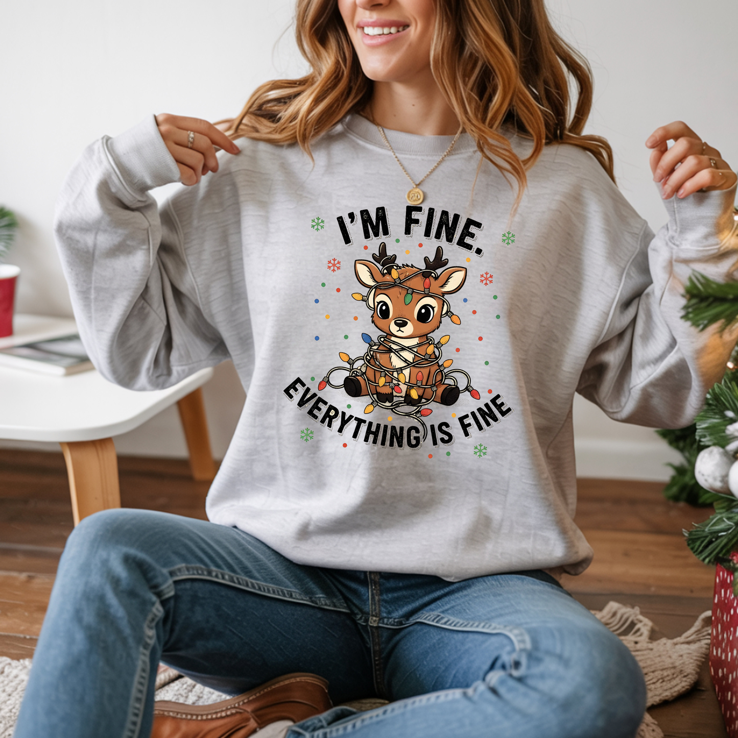 I'm Fine Everything Is Fine Sweatshirt | Women's Funny Christmas Crewneck | Tangled Reindeer Graphic