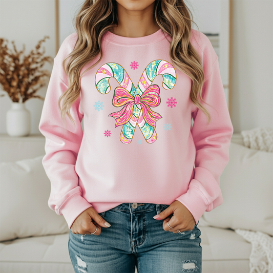 Watercolor Candy Canes Sweatshirt | Women's Pink Teal Christmas Crewneck | Artistic Bow