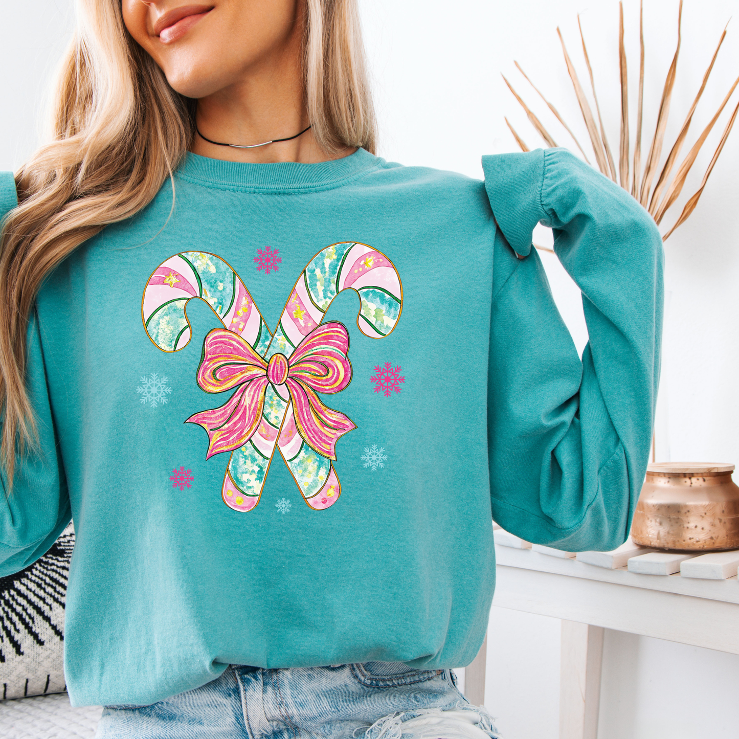 Watercolor Candy Canes Shirt | Comfort Colors Long Sleeve | Pink Teal Christmas Bow Graphic Tee