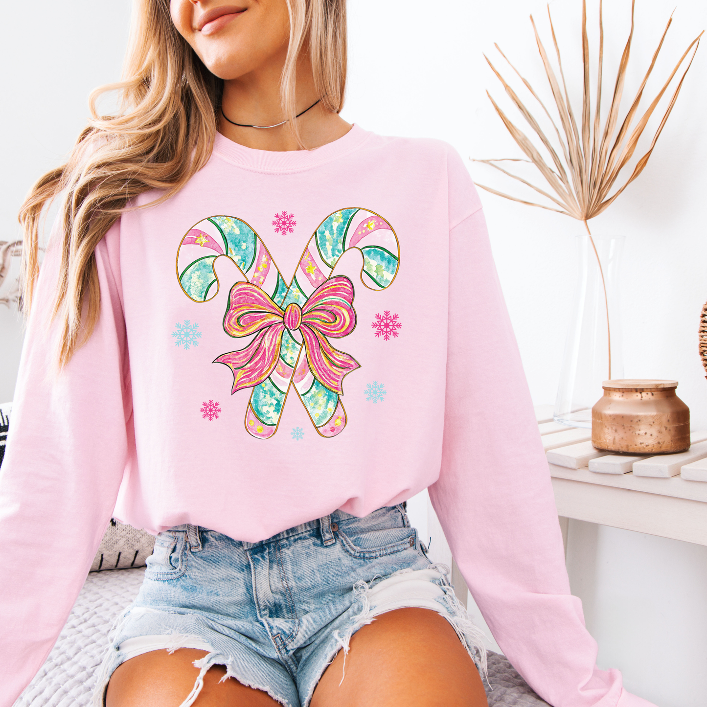 Watercolor Candy Canes Shirt | Comfort Colors Long Sleeve | Pink Teal Christmas Bow Graphic Tee