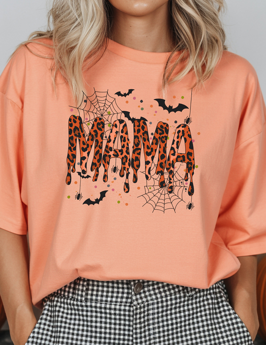 “Mama” Leopard Print Halloween Graphic Tee – Spooky Season Mom Shirt