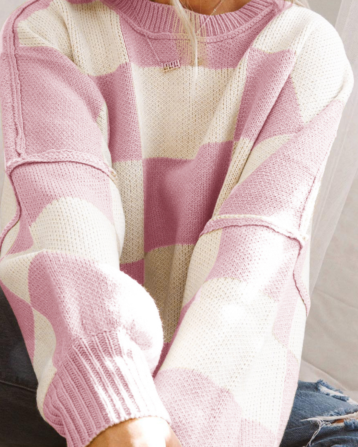 Pretty in Pink Checkered Knit Sweater