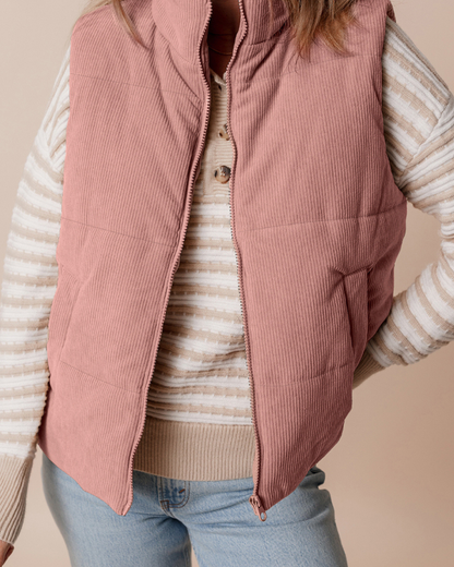 Cozy Comfort Corduroy Puffer Vest – Dusty Rose