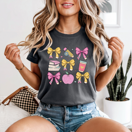 Teacher Essentials Graphic Tee – Bows, Books & Coffee
