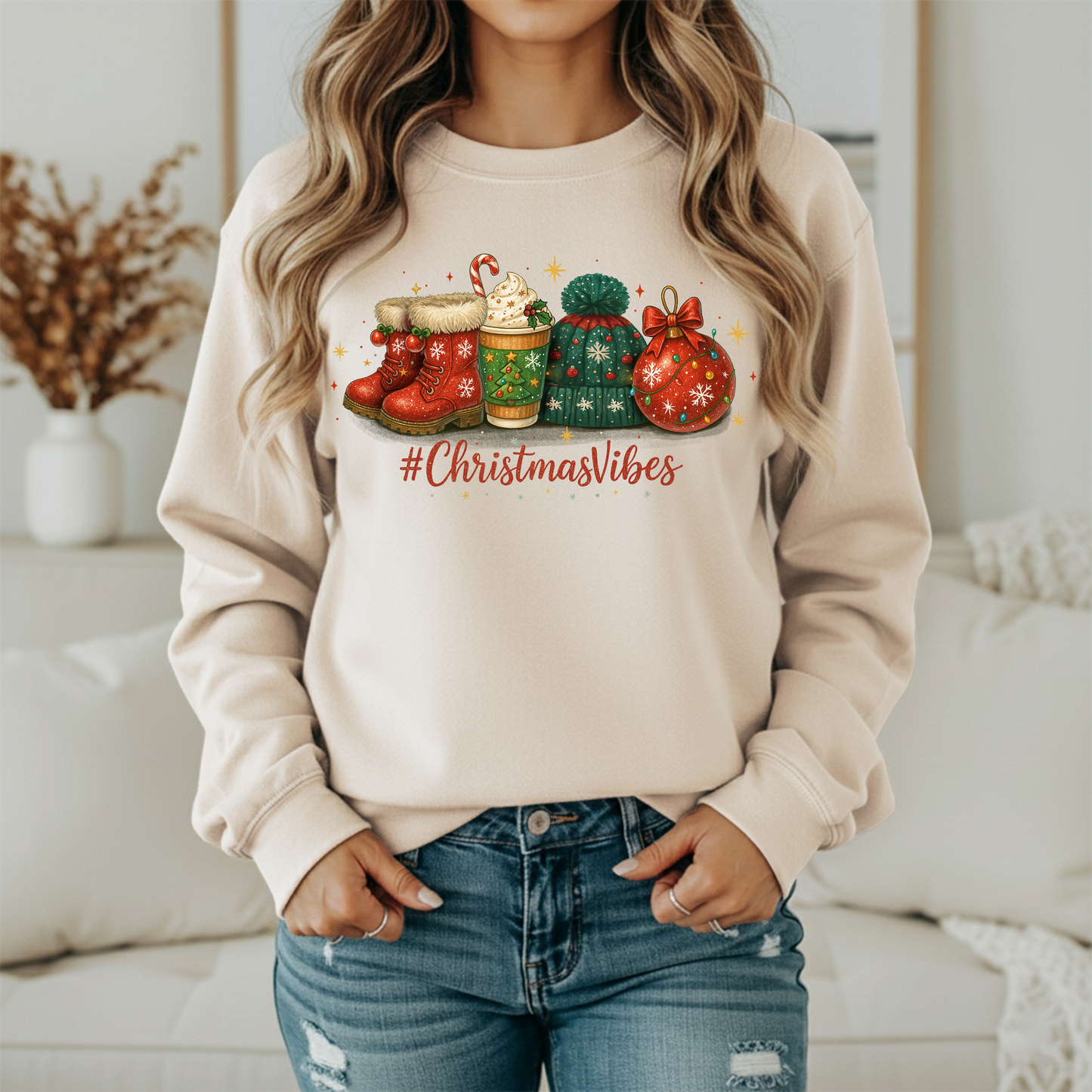 Christmas Vibes Sweatshirt - Cozy Holiday Winter Scene Crewneck - Women's Christmas Gildan Sweatshirt