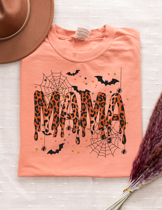 “Mama” Leopard Print Halloween Graphic Tee – Spooky Season Mom Shirt