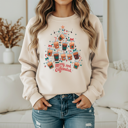 Merry And Caffeinated Gildan Sweatshirt – Funny Coffee Christmas Tree Crewneck