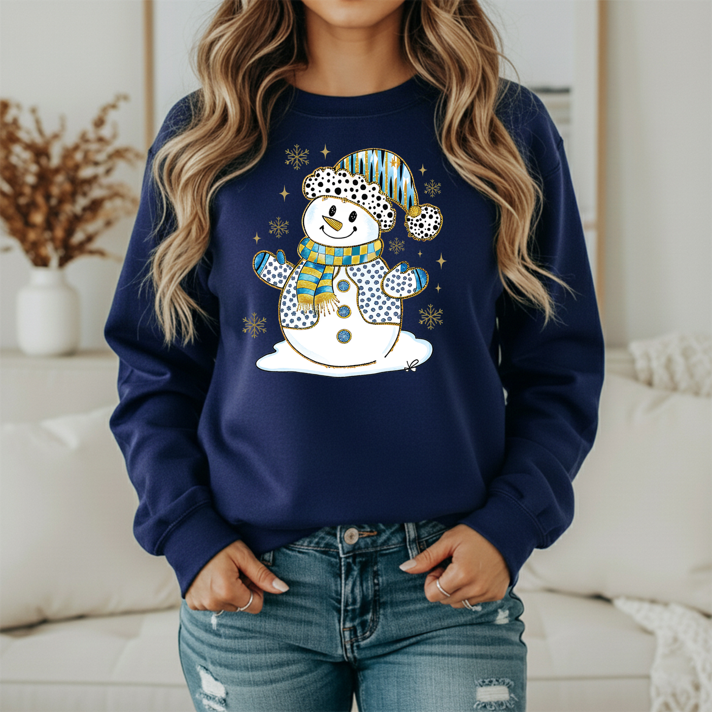 Blue & Gold Snowman Gildan Sweatshirt – Festive Polka Dot Christmas Crewneck