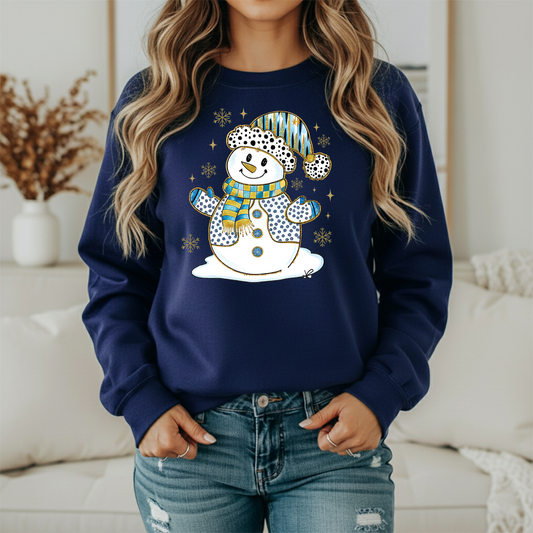 Blue & Gold Snowman Gildan Sweatshirt – Festive Polka Dot Christmas Crewneck