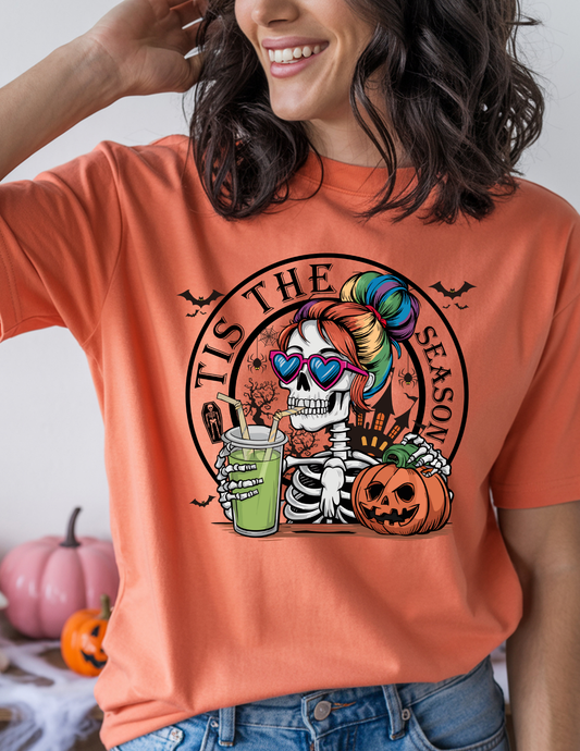 ’Tis the Season Graphic Tee – Colorful Skeleton Halloween Shirt