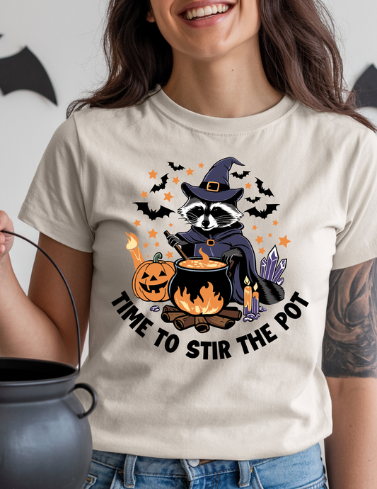 “Time to Stir the Pot” Graphic Tee – Witch Raccoon Halloween Shirt