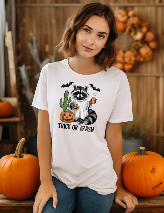 “Trick or Trash” Graphic Tee – Funny Halloween Raccoon Shirt