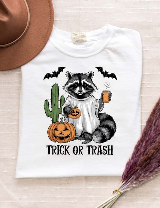 “Trick or Trash” Graphic Tee – Funny Halloween Raccoon Shirt