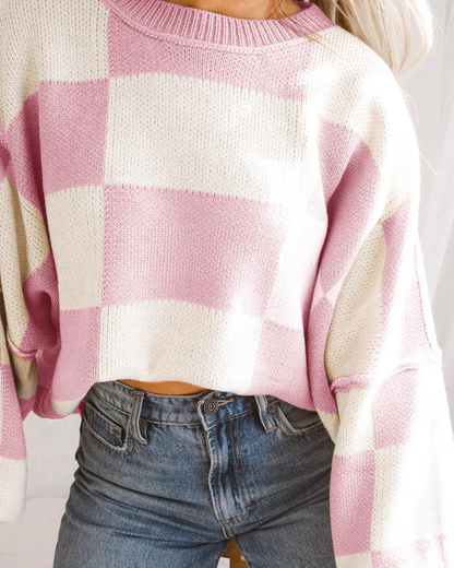 Pretty in Pink Checkered Knit Sweater