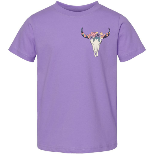 Mama Raised Me to Take No Bull Kids Tee – Western Floral Skull Toddler Shirt (Back Design)