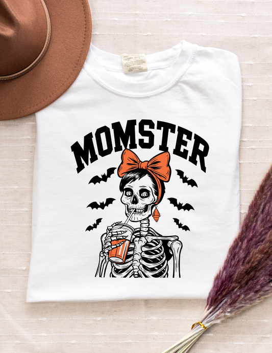 “Momster” Graphic Tee – Funny Halloween Mom Shirt with Skeleton Design