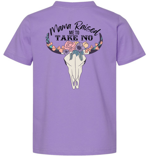Mama Raised Me to Take No Bull Kids Tee – Western Floral Skull Toddler Shirt (Back Design)