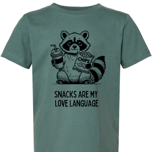 Snacks Are My Love Language Raccoon Kids Tee