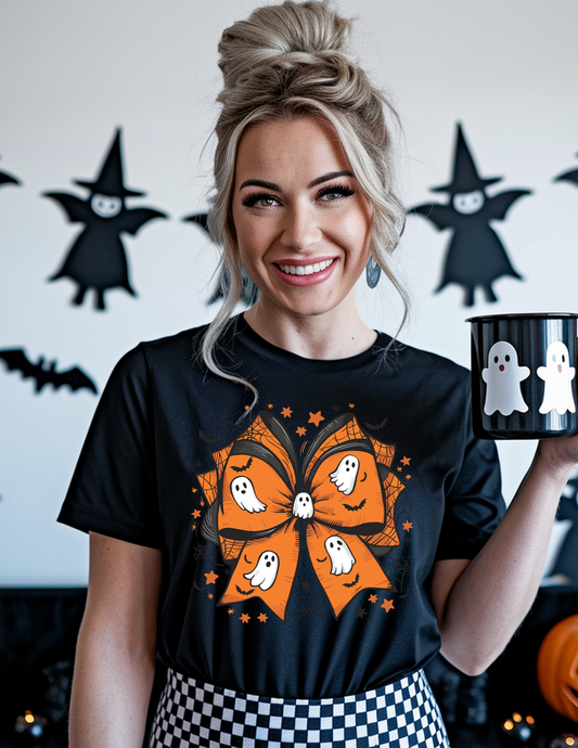 “Ghost Bow” Graphic Tee – Cute Halloween Bow & Ghost Shirt