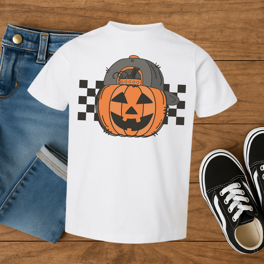 “Cool Pumpkin” Kids Graphic Tee – Jack-O’-Lantern in Baseball Cap Shirt