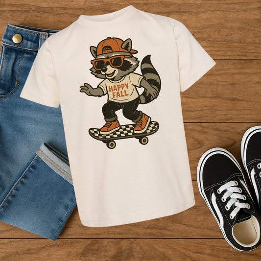 “Happy Fall Raccoon” Kids Graphic Tee – Cute Skateboard Autumn Shirt