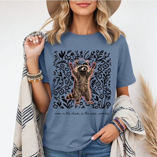 Even in the Chaos Worship Shirt Comfort Colors Washed Denim Tee – Christian Raccoon Graphic Tee Twice the Charm Boutique